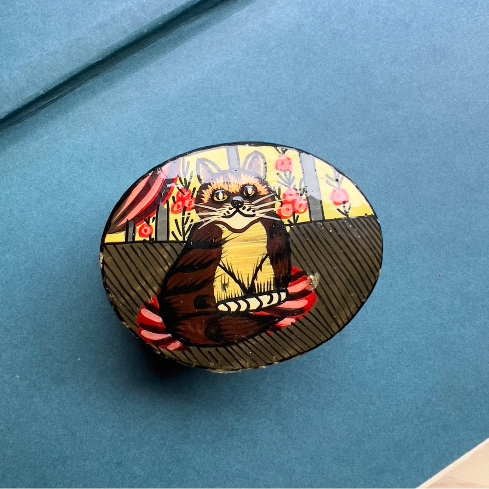 ✅ 3/$20 Vintage Papier Mache Hand Painted Cat Print small Trinket Box